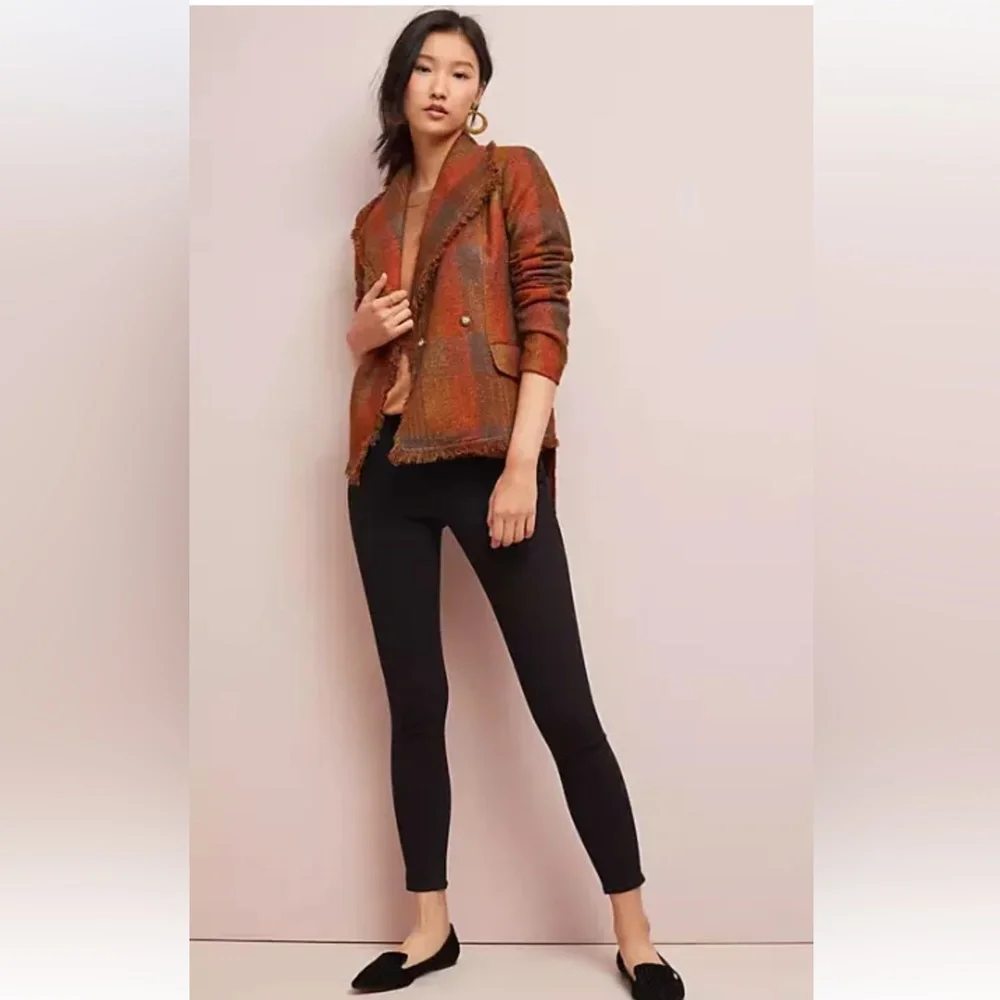 Anthropologie Cartonnier Plaid Preppy Brown Academia Fringed Tweed Blazer 14 - Picture 6 of 15